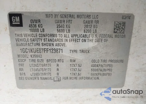 2015 Chevrolet Silverado 2500Hd Wt из США, поврежденный, VIN 1GC1KUE87FF123871